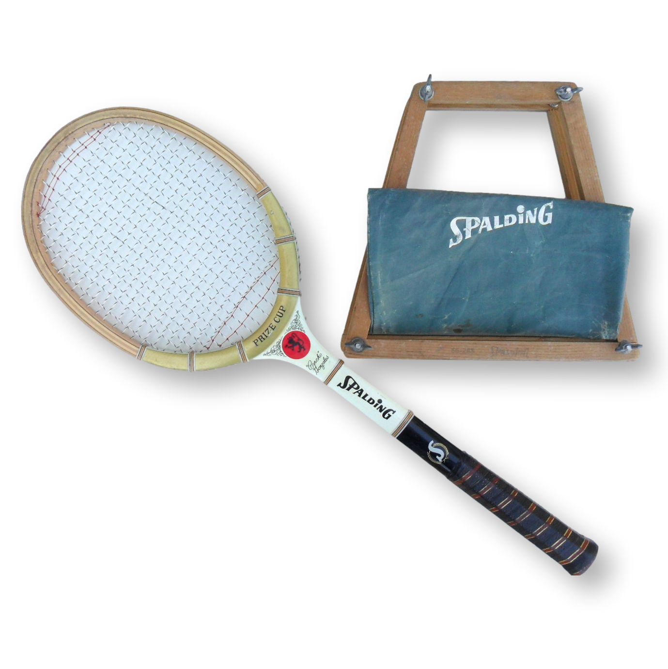 Wooden Tennis Racquet Decor with Press Spalding Prize Cup Pancho Gonzales Free Shipping