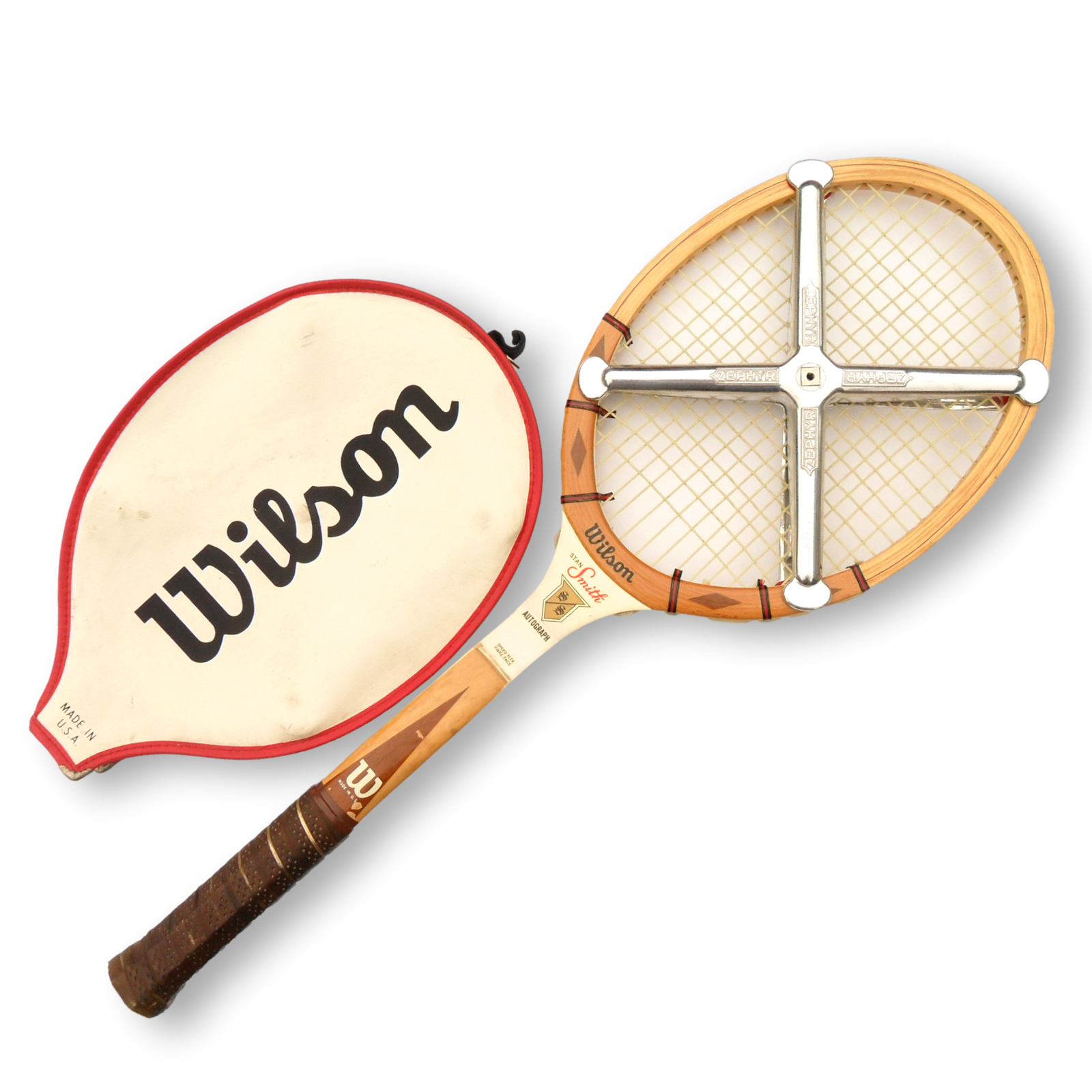 Wilson Stan Smith Autograph Vintage Wooden Tennis Racket with Metal Brace and Cover